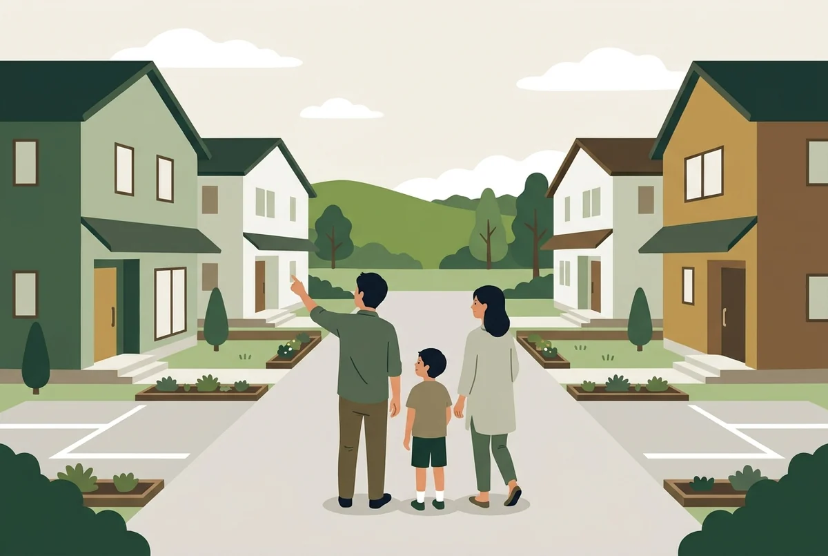 新しい一戸建てが並ぶ住宅地を、家族で見て歩くイラスト
