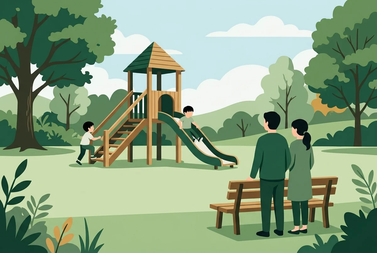 公園の遊具で遊ぶ子どもたちと、見守る両親のイラスト
