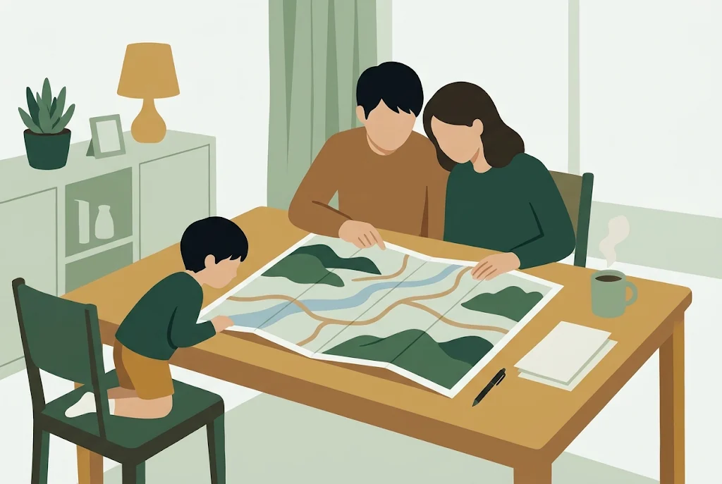 テーブルに広げた地図を見比べながら、住む場所を考える家族のイラスト