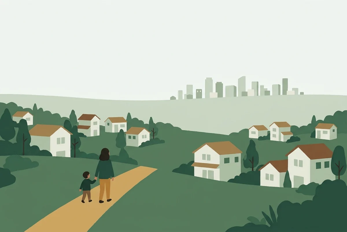 緑の丘に一戸建てが並ぶ郊外の住宅地と、遠くに見える都心のビル、道を歩く親子のイラスト